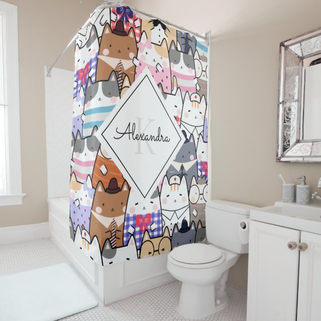 Cute Whimsical Kitten Pattern Monogram & Girl Name Shower Curtain (In Situ)