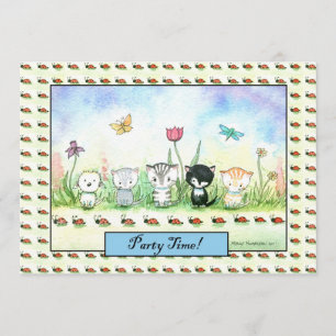 Cute Whimsical Kitty Puppy Ladybug Invitation