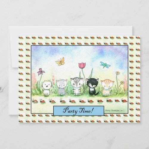 Cute Whimsical Kitty Puppy Ladybug Invitation