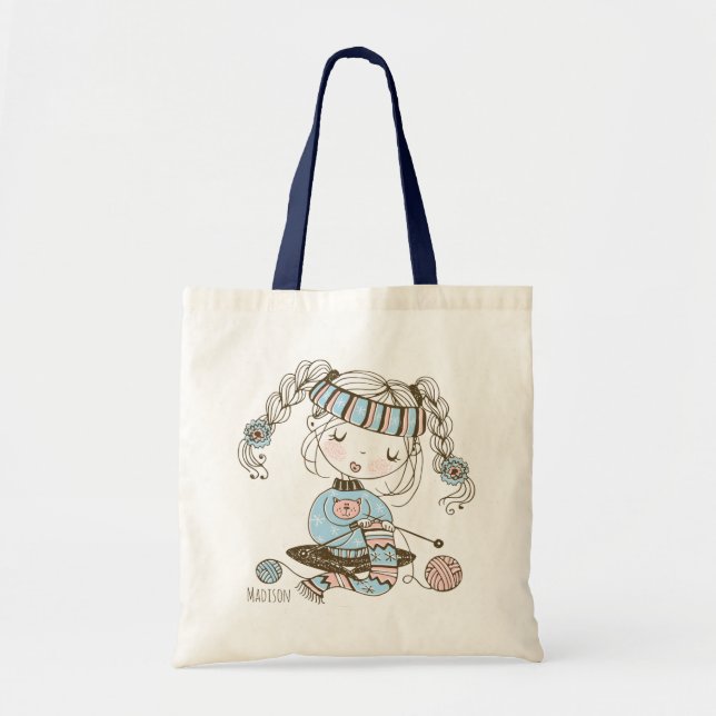 Cute Whimsical Knitting Girly Crafts Personalized Tote Bag (Front)