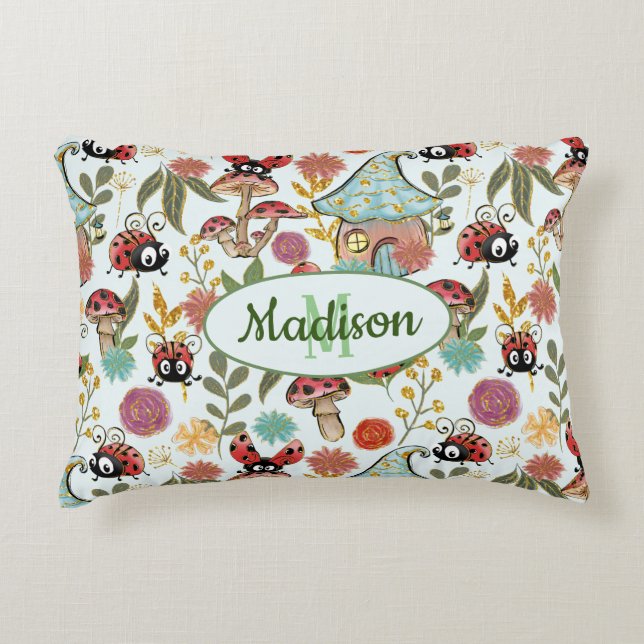 Cute Whimsical Ladybugs Mushrooms Flowers Monogram Accent Pillow (Front)