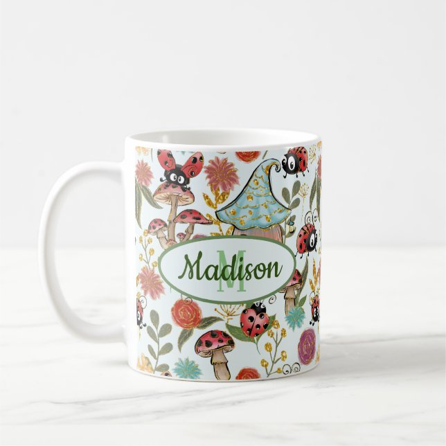 Cute Whimsical Ladybugs Mushrooms Flowers Monogram Coffee Mug (Left)