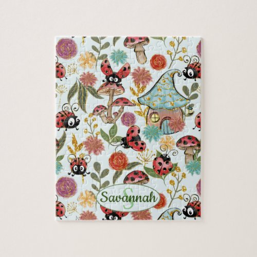 Cute Whimsical Ladybugs Mushrooms Flowers Monogram Jigsaw Puzzle