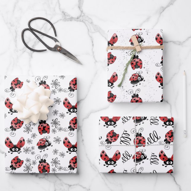 Cute Whimsical Ladybugs Wrapping Paper Sheets (Front)