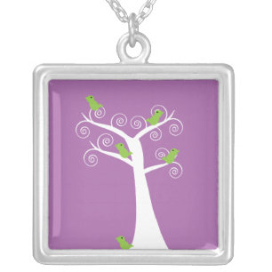 Cute Whimsical Lime Green Birds Swirl Tree Purple Silver Plated Necklace