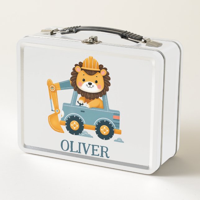 Cute Whimsical Lion Excavator Personalized Metal Lunch Box (Front)