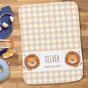 Cute Whimsical Lion Gingham Name Birth Baby Blanket
