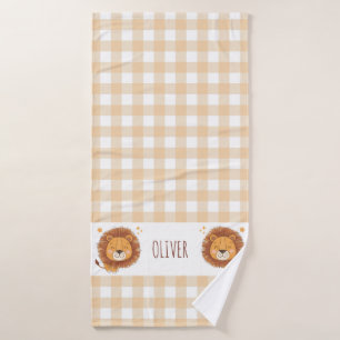 Cute Whimsical Lion Gingham Name Birth Bath Towel