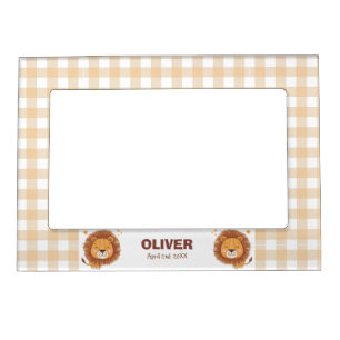 Cute Whimsical Lion Gingham Name Birth Magnetic Frame
