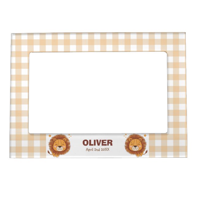 Cute Whimsical Lion Gingham Name Birth Magnetic Frame (Front)
