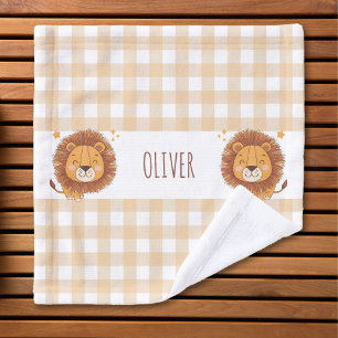 Cute Whimsical Lion Gingham Name Wash Cloth