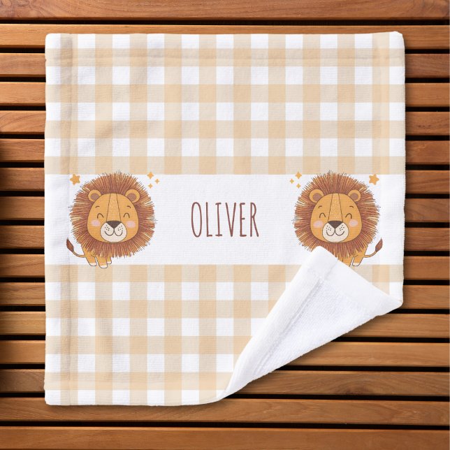 Cute Whimsical Lion Gingham Name Wash Cloth (Creator Uploaded)