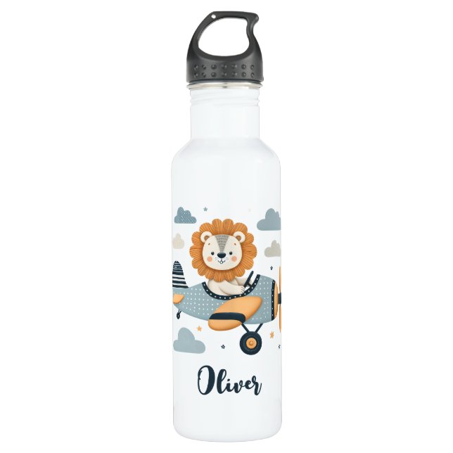 Cute Whimsical Lion Pilot Stainless Steel Water Bottle (Front)