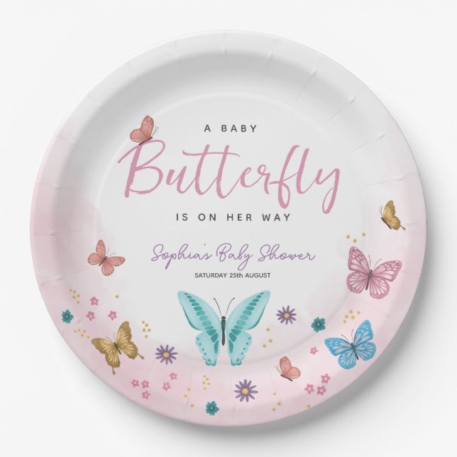 Cute Whimsical Little Butterfly Girls Baby Shower Paper Plates (Front)