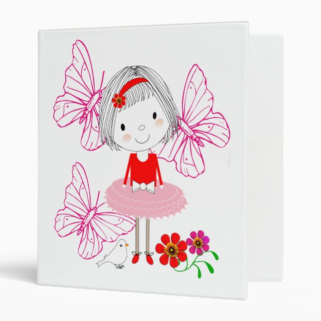 Cute Whimsical Little Girl Butterfly Flowers Binder (Front/Inside)