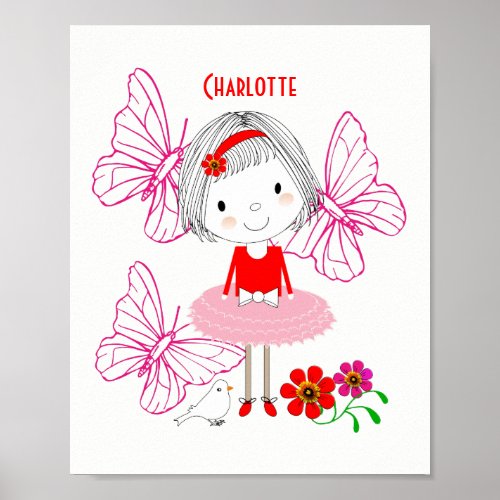 Cute Whimsical Little Girl Butterfly Personalized Poster