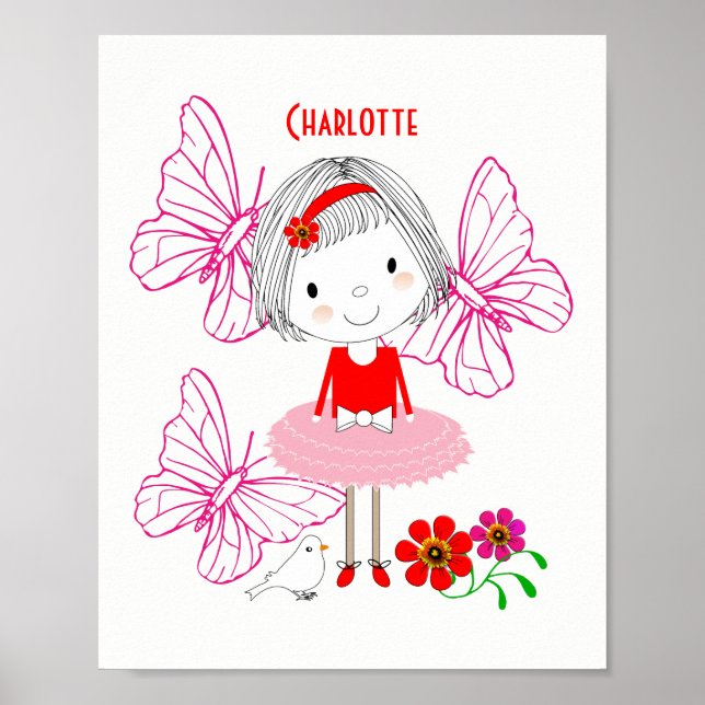Cute Whimsical Little Girl Butterfly Personalized Poster (Front)