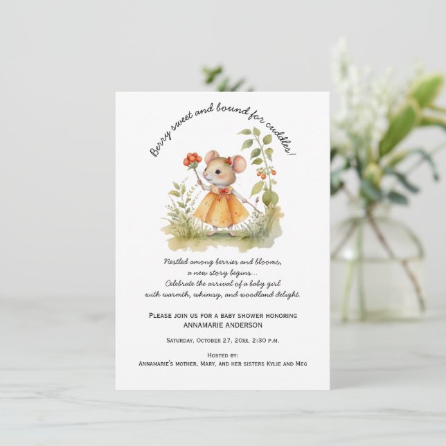 Cute Whimsical Little Mouse in Garden Baby Shower  Invitation (Standing Front)