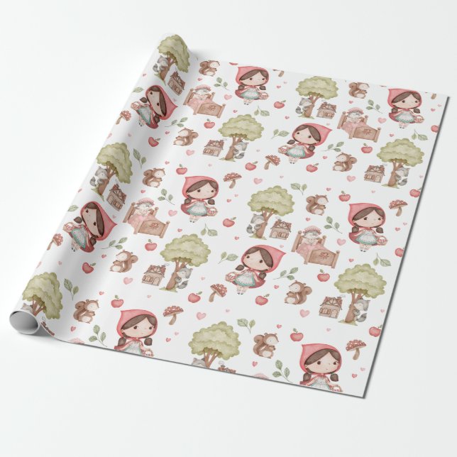 Cute Whimsical Little Red Riding Hood Storybook Wrapping Paper (Unrolled)