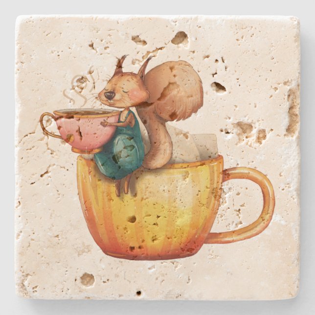 Cute Whimsical Little Squirrel on a Teacup Stone Coaster (Front)