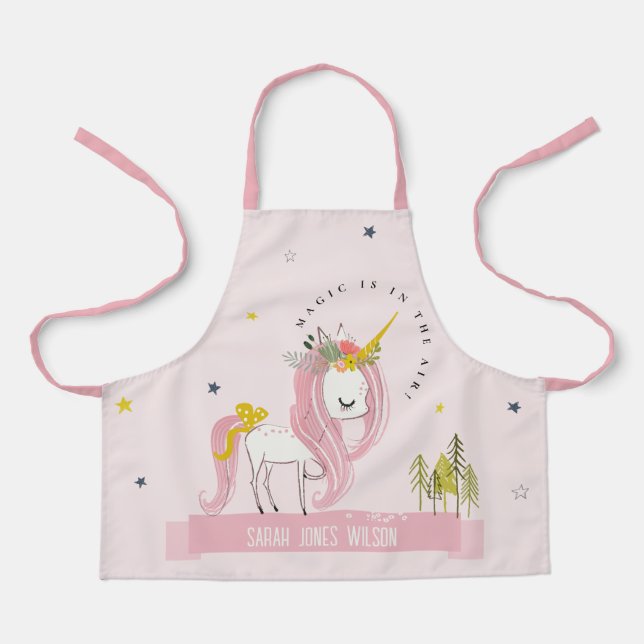 Cute Whimsical Magical Unicorn Pink Princess Kids Apron (Front)