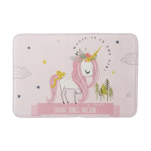 Cute Whimsical Magical Unicorn Pink Princess Kids Bath Mat