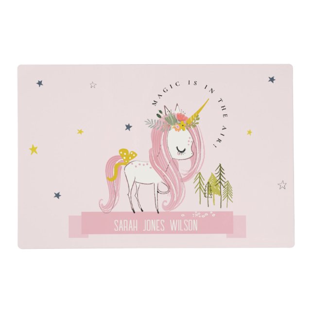 Cute Whimsical Magical Unicorn Pink Princess Kids Placemat (Front)