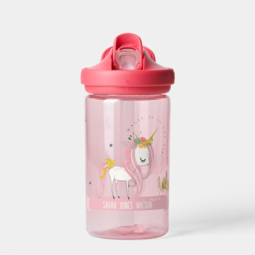 Cute Whimsical Magical Unicorn Pink Princess Kids Water Bottle