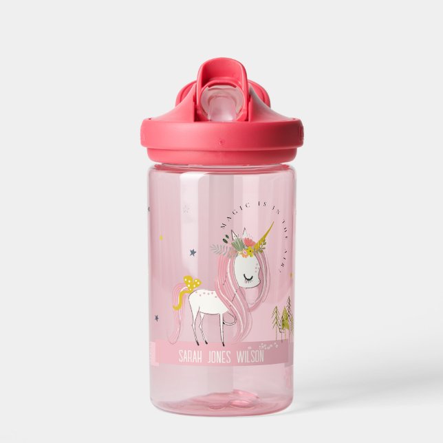 Cute Whimsical Magical Unicorn Pink Princess Kids Water Bottle (Front)