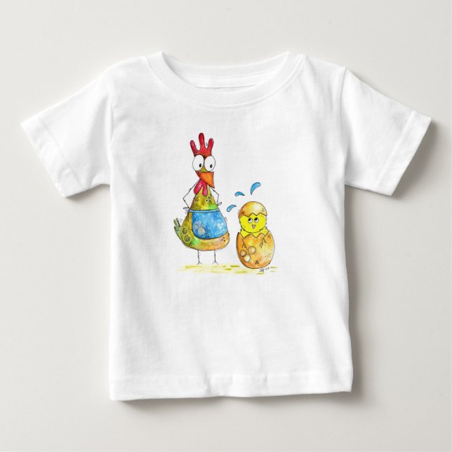Cute Whimsical Mama Chicken with Baby Baby T-Shirt (Front)