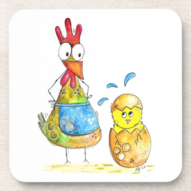 Cute Whimsical Mama Chicken with Baby Beverage Coaster (Front)
