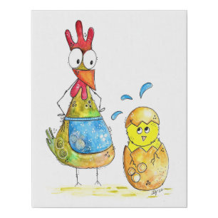 Cute Whimsical Mama Chicken with Baby Faux Canvas Print