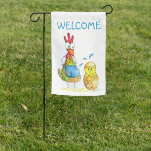 Cute Whimsical Mama Chicken with Baby Garden Flag
