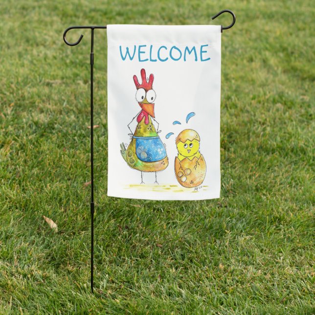 Cute Whimsical Mama Chicken with Baby Garden Flag (In SItu)