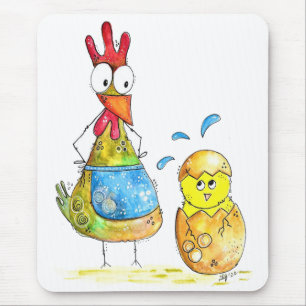 Cute Whimsical Mama Chicken with Baby Mouse Pad