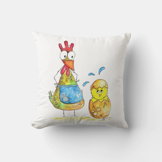 Cute Whimsical Mama Chicken with Baby Throw Pillow (Front)