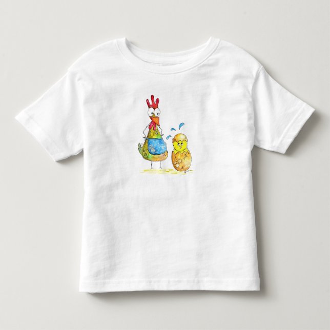 Cute Whimsical Mama Chicken with Baby Toddler T-shirt (Front)