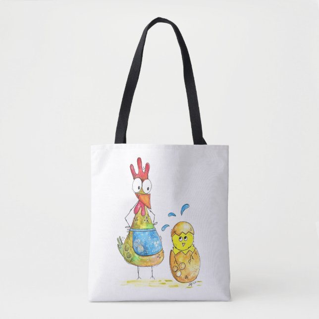 Cute Whimsical Mama Chicken with Baby Tote Bag (Front)