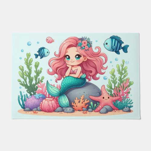 Cute Whimsical Mermaid And Fish Friends Scene Doormat