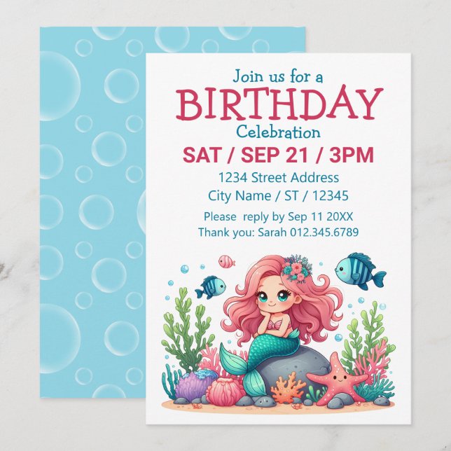 Cute Whimsical Mermaid And Fish Friends Scene Invitation (Front/Back)