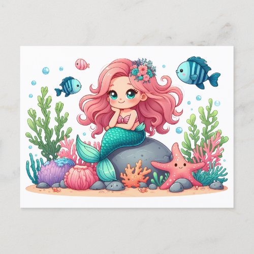 Cute Whimsical Mermaid And Fish Friends Scene Postcard