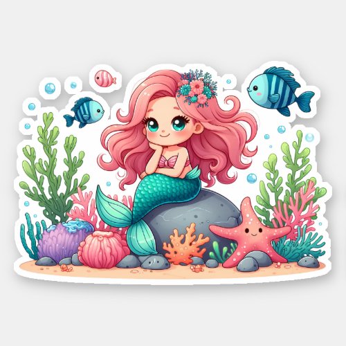 Cute Whimsical Mermaid And Fish Friends Scene Sticker