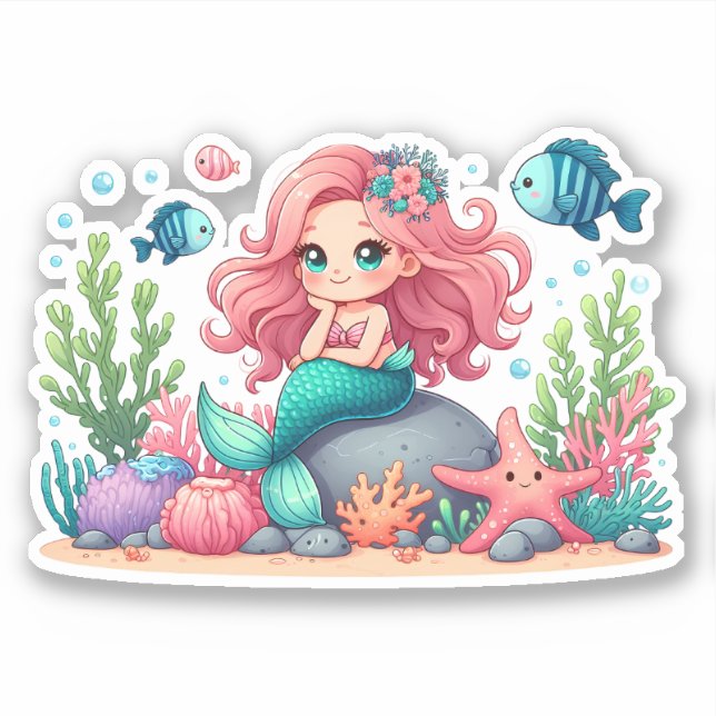 Cute Whimsical Mermaid And Fish Friends Scene Sticker (Front)