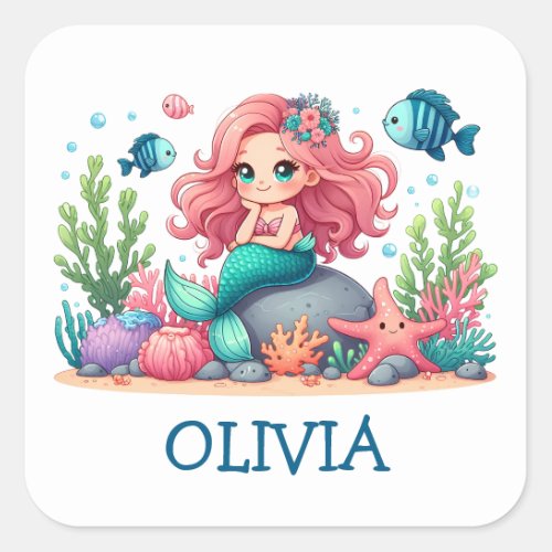 Cute Whimsical Mermaid And Fish Personalized Square Sticker