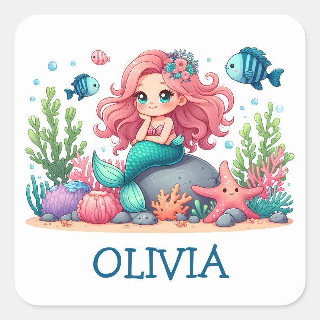 Cute Whimsical Mermaid And Fish Personalized Square Sticker (Front)