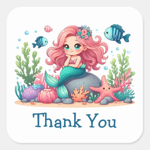 Cute Whimsical Mermaid And Fish Thank You Square Sticker