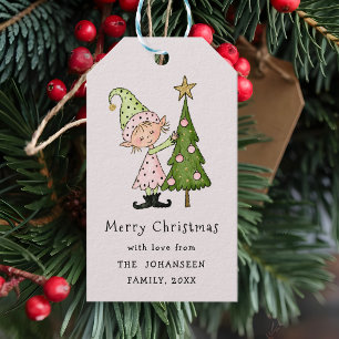 Cute Whimsical Merry Christmas Pink Elf Gift Tags