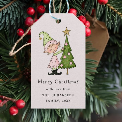 Cute Whimsical Merry Christmas Pink Elf Gift Tags