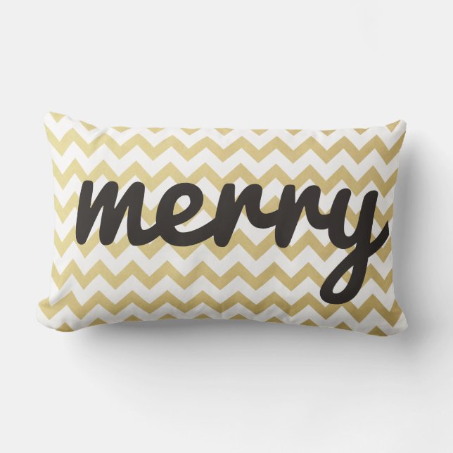 Cute Whimsical Merry Script Gold Chevron Holiday Lumbar Pillow (Front)