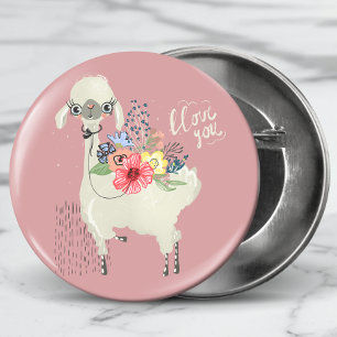 Cute Whimsical Modern Floral Llama I Love You Button